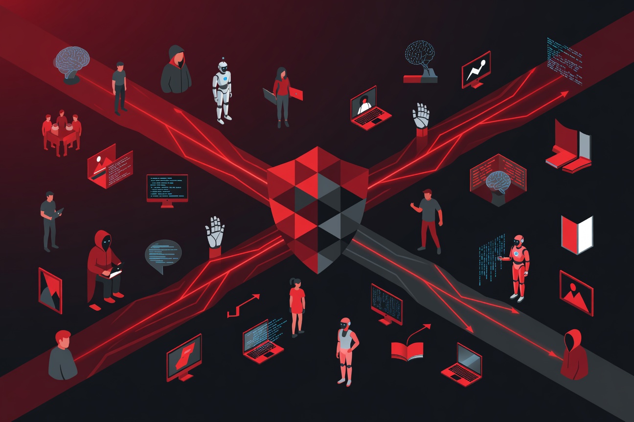 A glowing shield made of interlocking geometric hexagons, positioned at the intersection of two abstract data flow paths