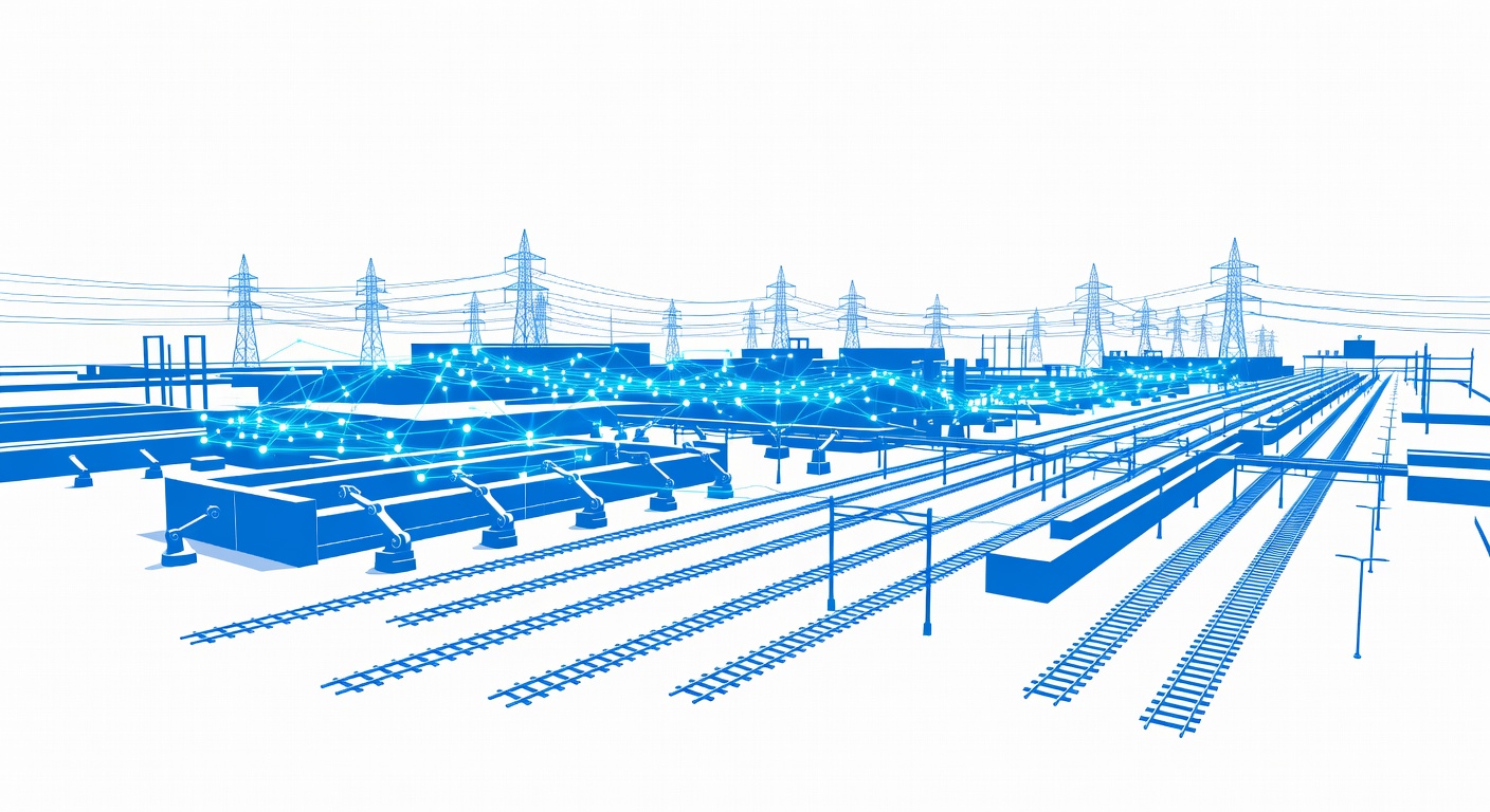 A vast industrial facility overlaid with glowing AI neural network connections, representing physical infrastructure powered by artificial intelligence