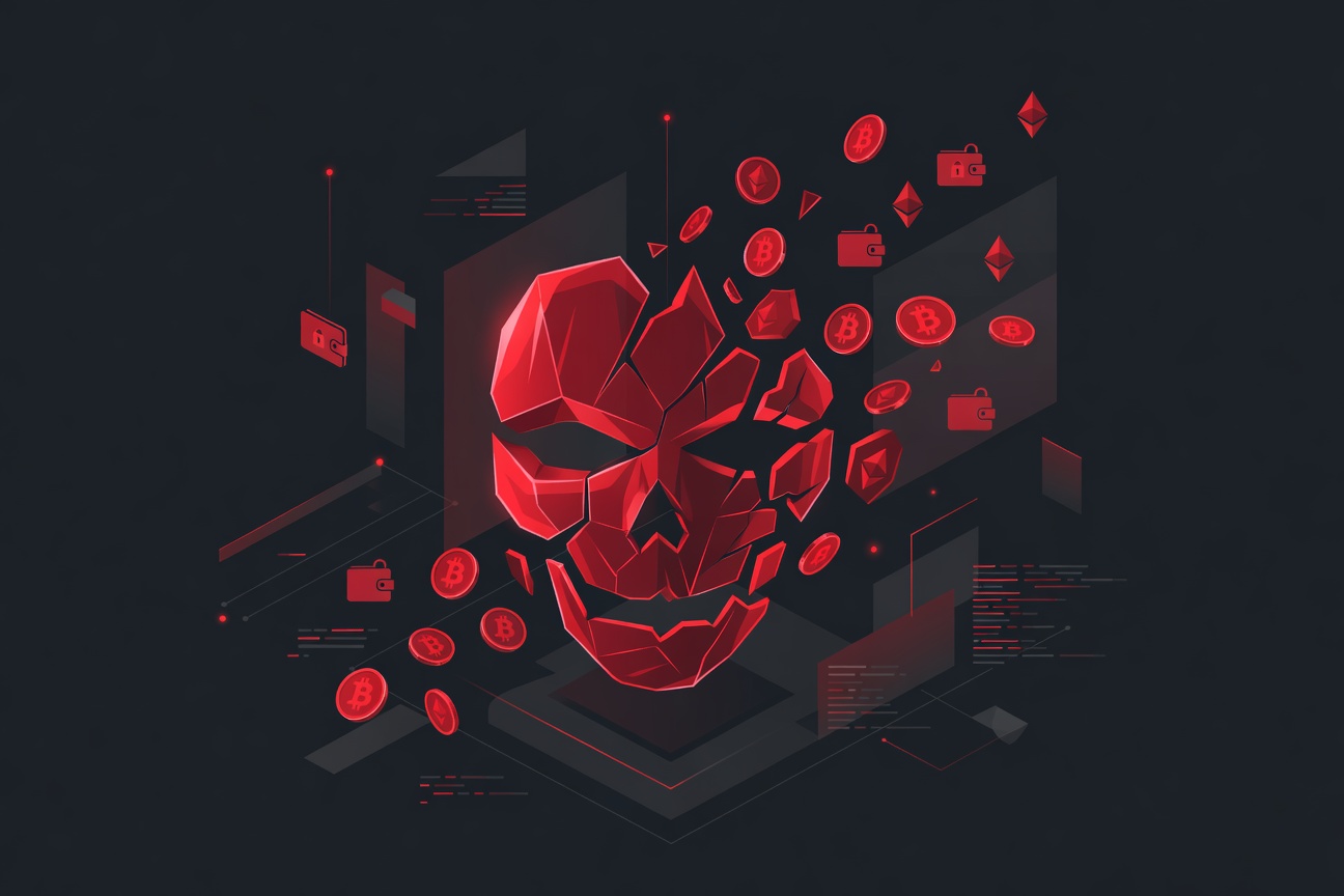 A fractured holographic skull dissolving into scattered crypto wallet icons and password manager logos against a dark digital threat landscape