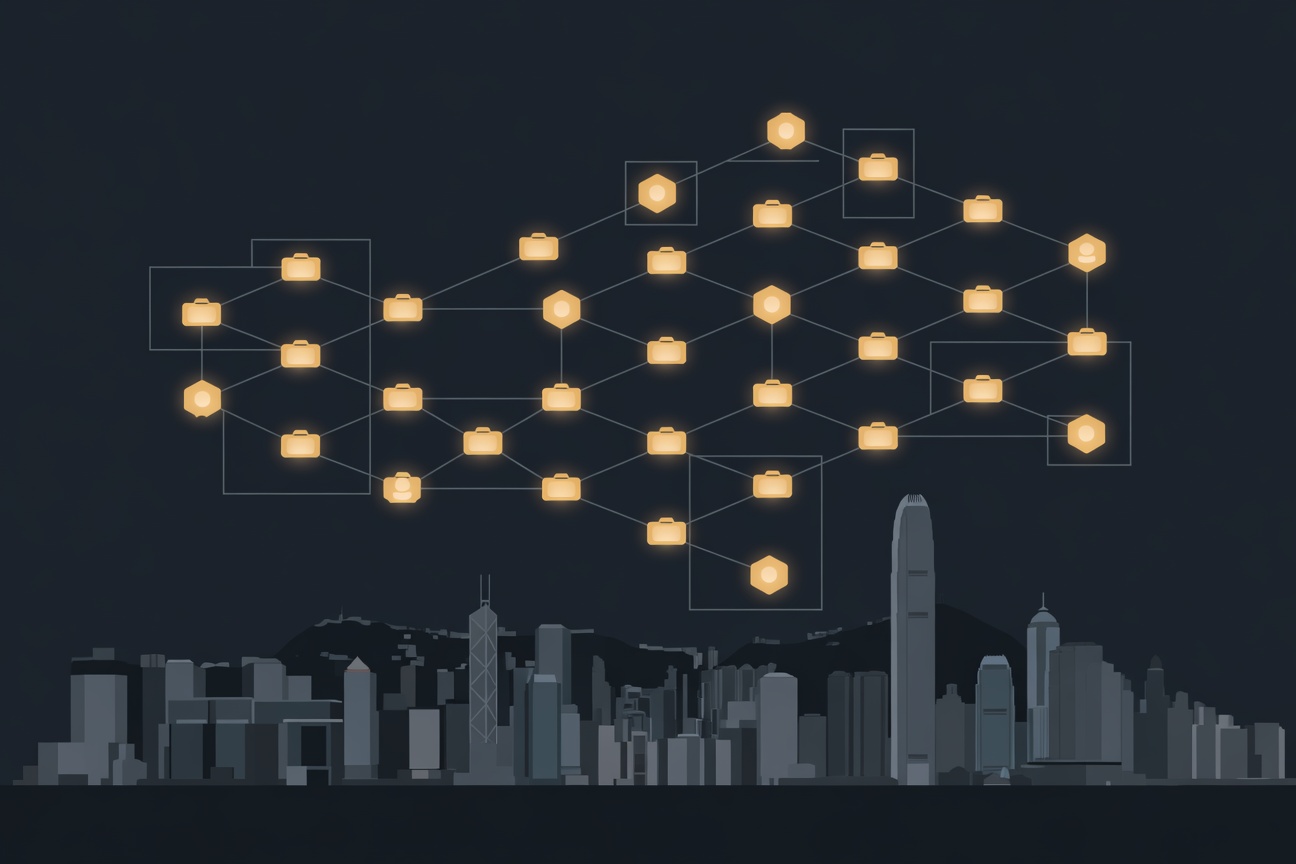 A glowing lattice of identity badges connected by structured lines above a city skyline silhouette