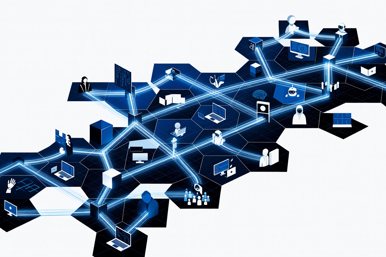 Geometric network of interconnected hexagonal nodes exchanging data streams across a dark grid