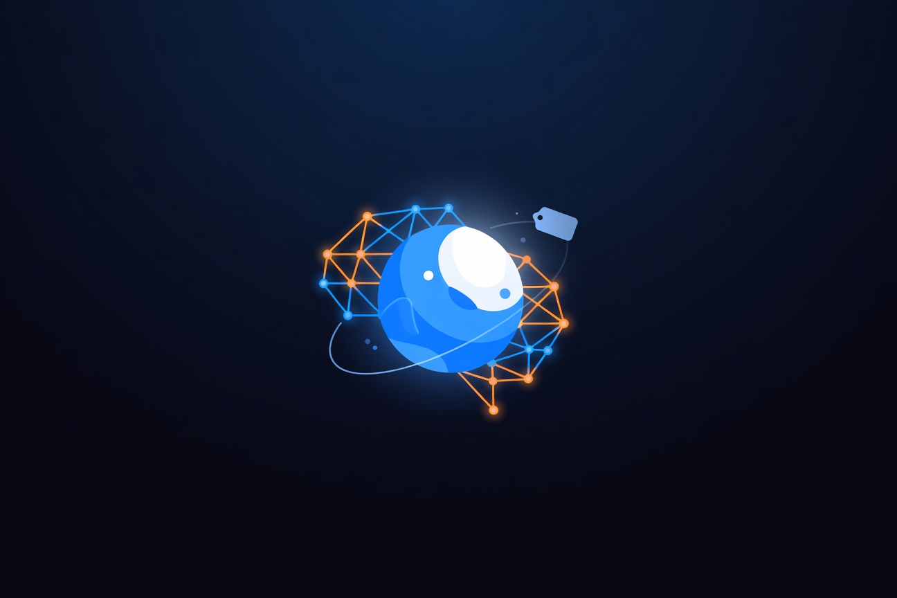 Abstract glowing orange and blue neural lattice with a tiny intern badge orbiting a large language model sphere