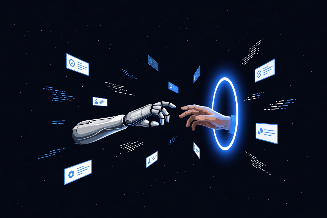 A robotic arm reaching toward a human hand through a glowing portal, surrounded by floating code fragments and task cards