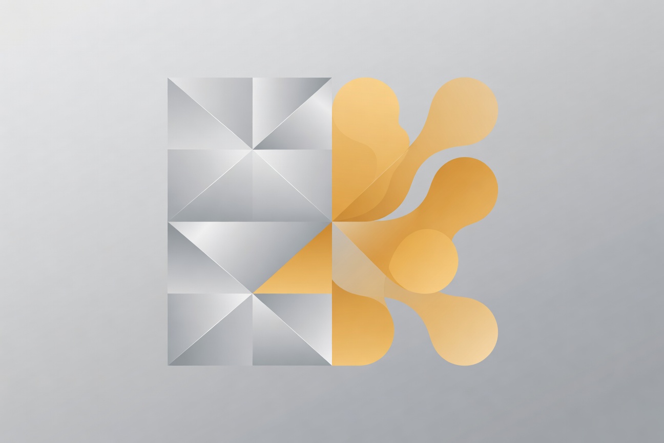 Abstract split composition showing clean geometric precision on one side and fluid organic shapes on the other, merging in the center to represent hybrid AI systems
