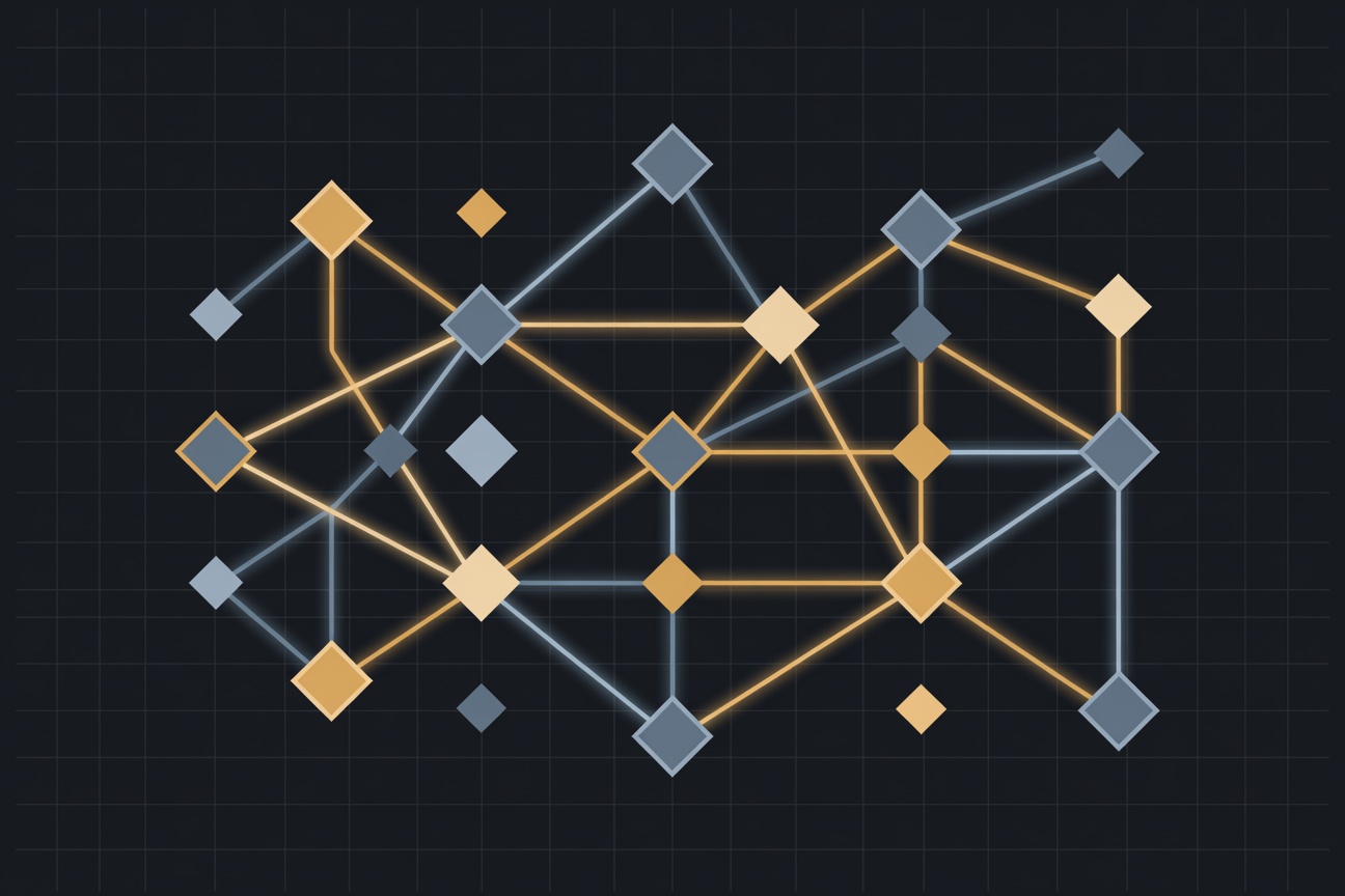 Abstract diagram of interconnected diamond shapes routing light between nodes on a dark grid, representing intelligent model selection
