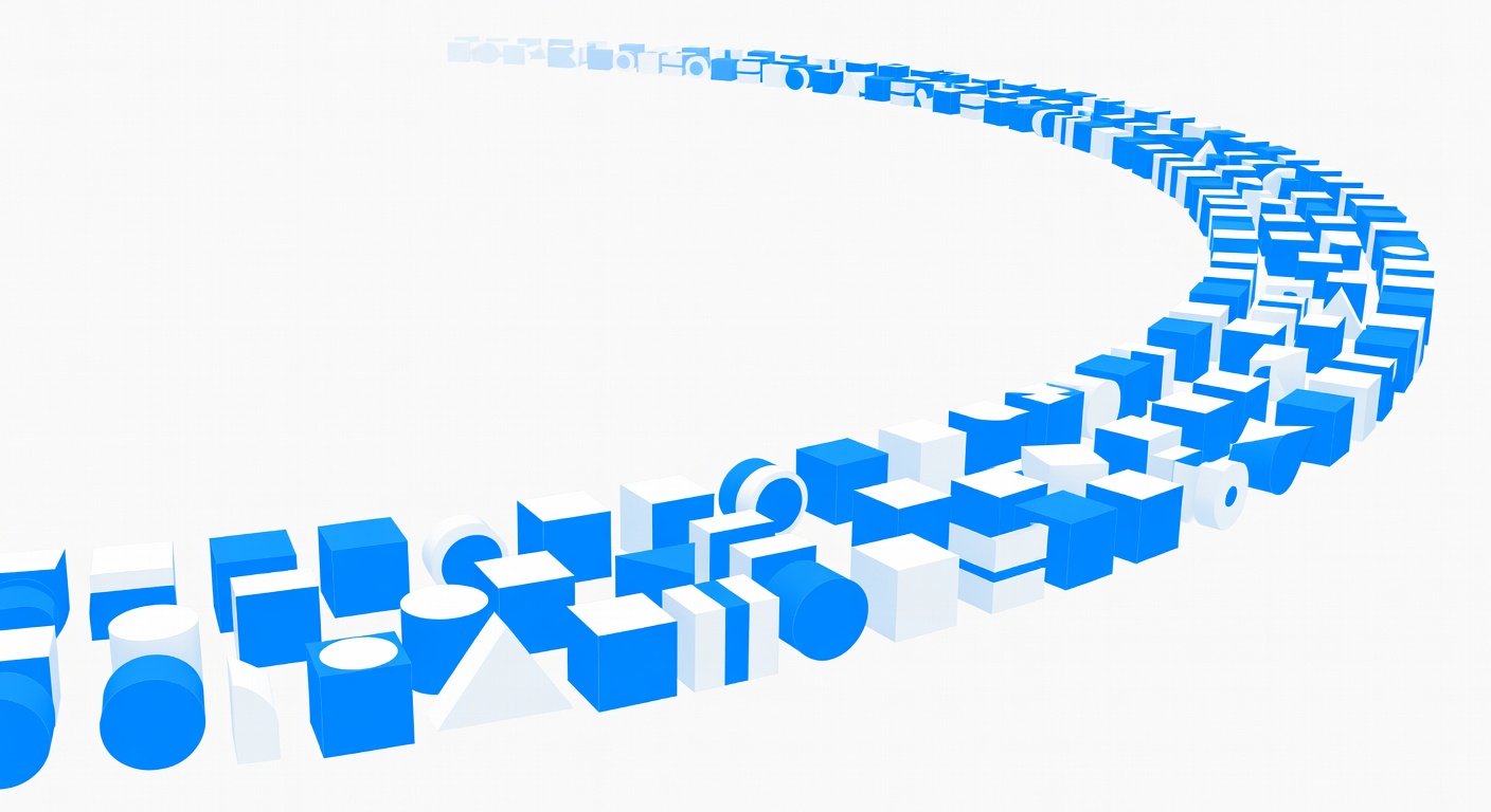 A vast assembly line of geometric modules connecting design, code, test, and deploy nodes in a seamless arc