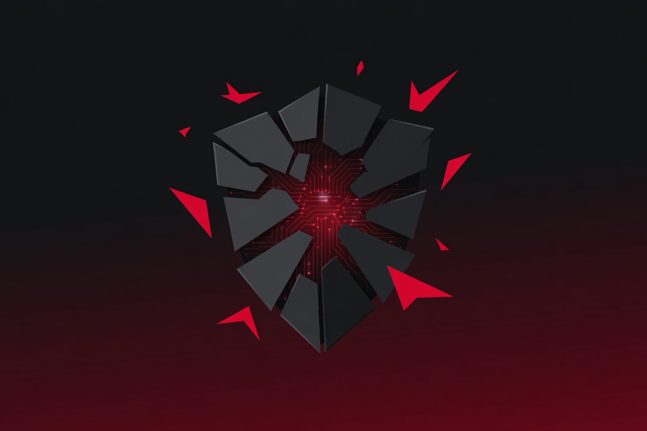 A fractured shield with a glowing AI circuit pattern visible through the cracks, surrounded by floating threat indicators on a dark red and charcoal background