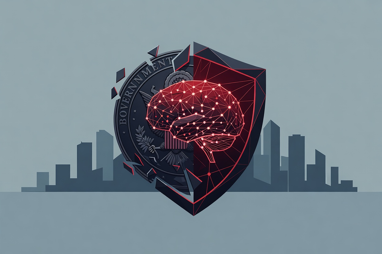 A state government seal transforming into a geometric shield icon with a glowing AI neural pattern inside, against a muted blue-grey Illinois skyline silhouette