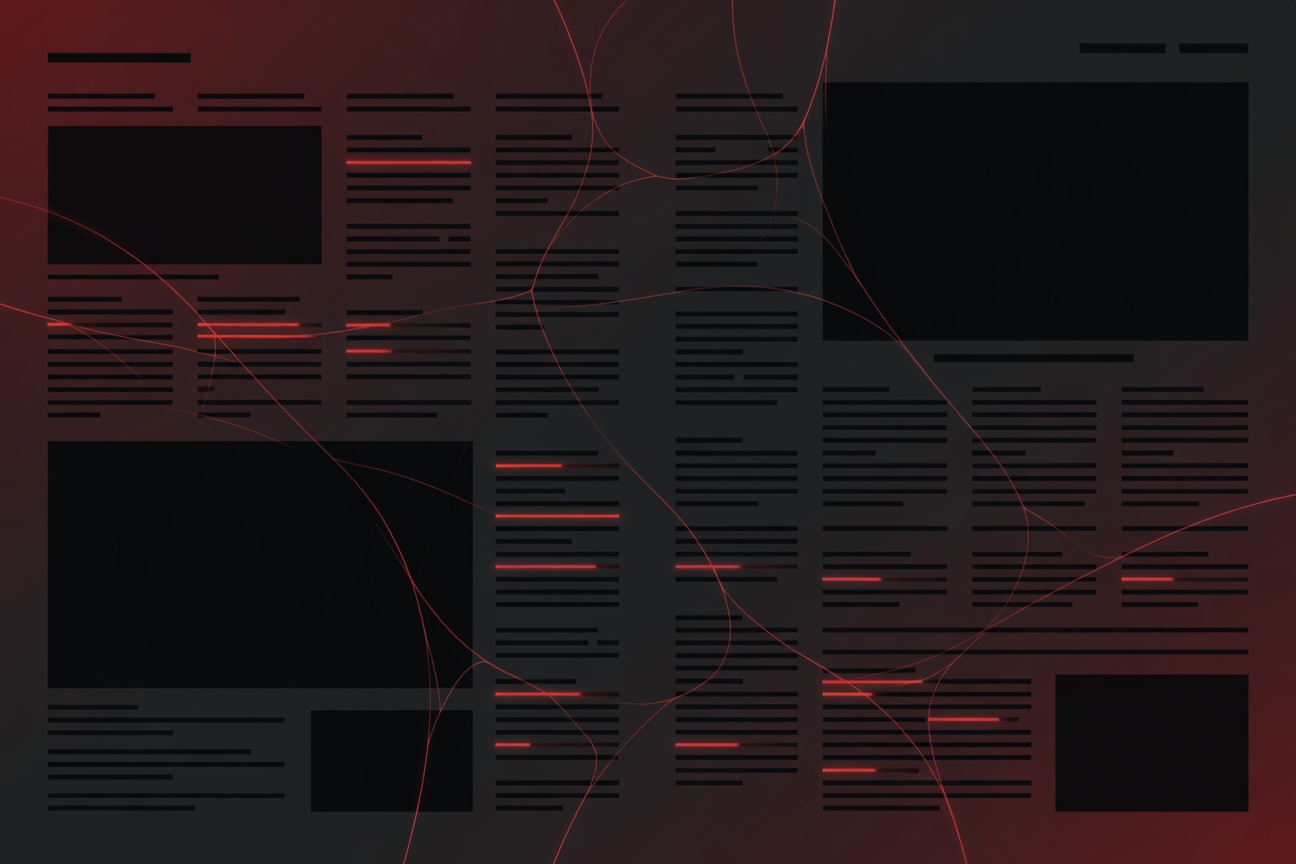 A stylized web page with hidden glowing red text injected between visible content, like a trap hidden in plain sight