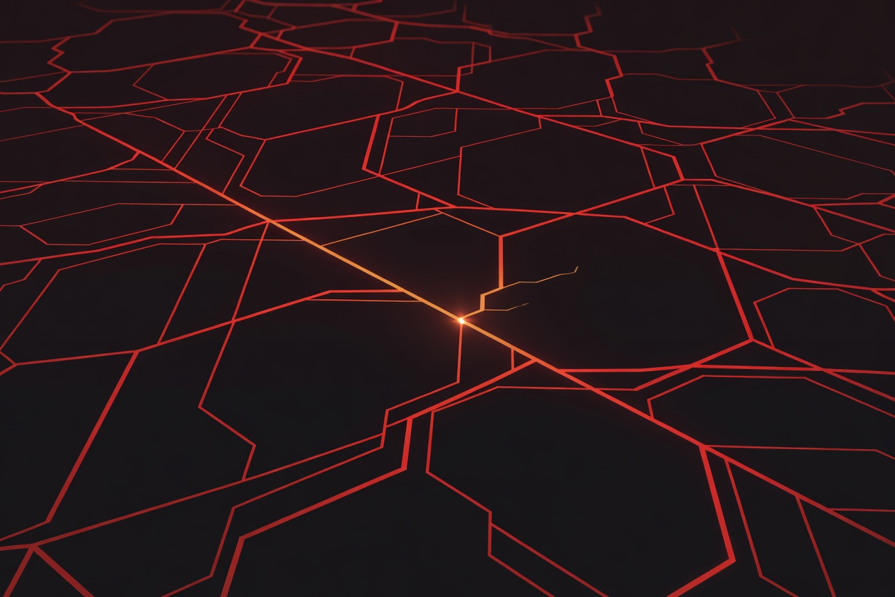 A dense web of glowing nodes and trace lines branching through dark space, one path highlighted in amber showing a fault point in a network