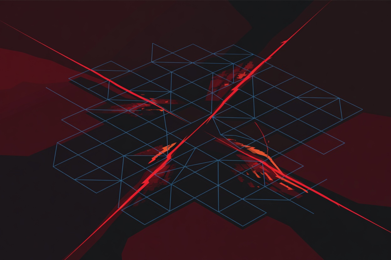 Abstract dark digital landscape with jagged red threat lines crossing a fragmented blue network grid, representing agentic malware intrusion
