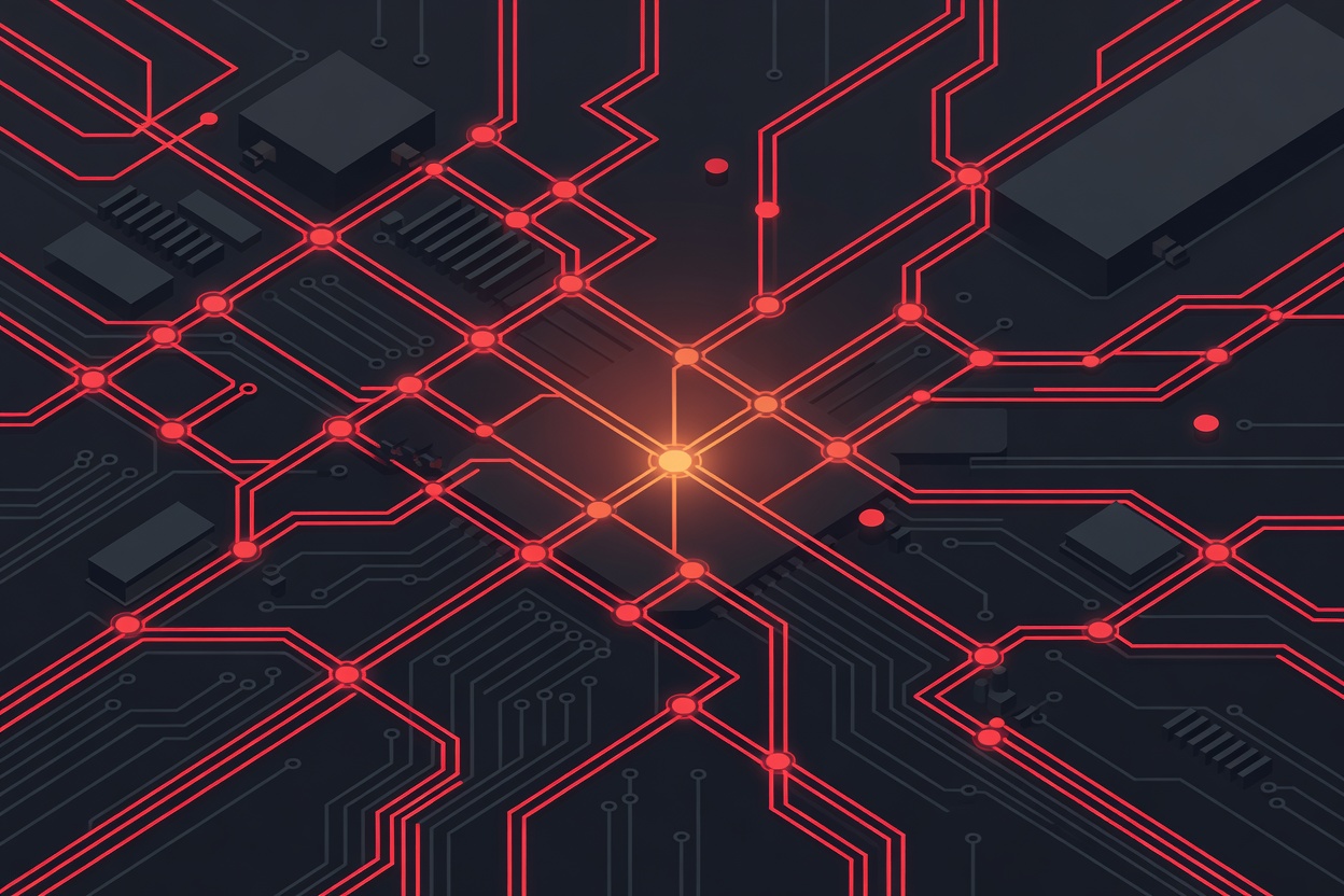 A dark circuit board with glowing red pathways forming a chain-link pattern, ominous amber glow in background, representing autonomous malware propagating through connected infrastructure