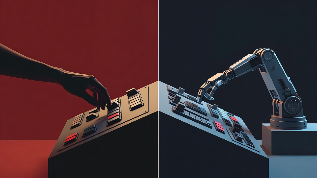 Abstract split-scene: a glowing robotic arm operating a complex machinery panel on one side, and a shadowed human hand setting up the control switches on the other