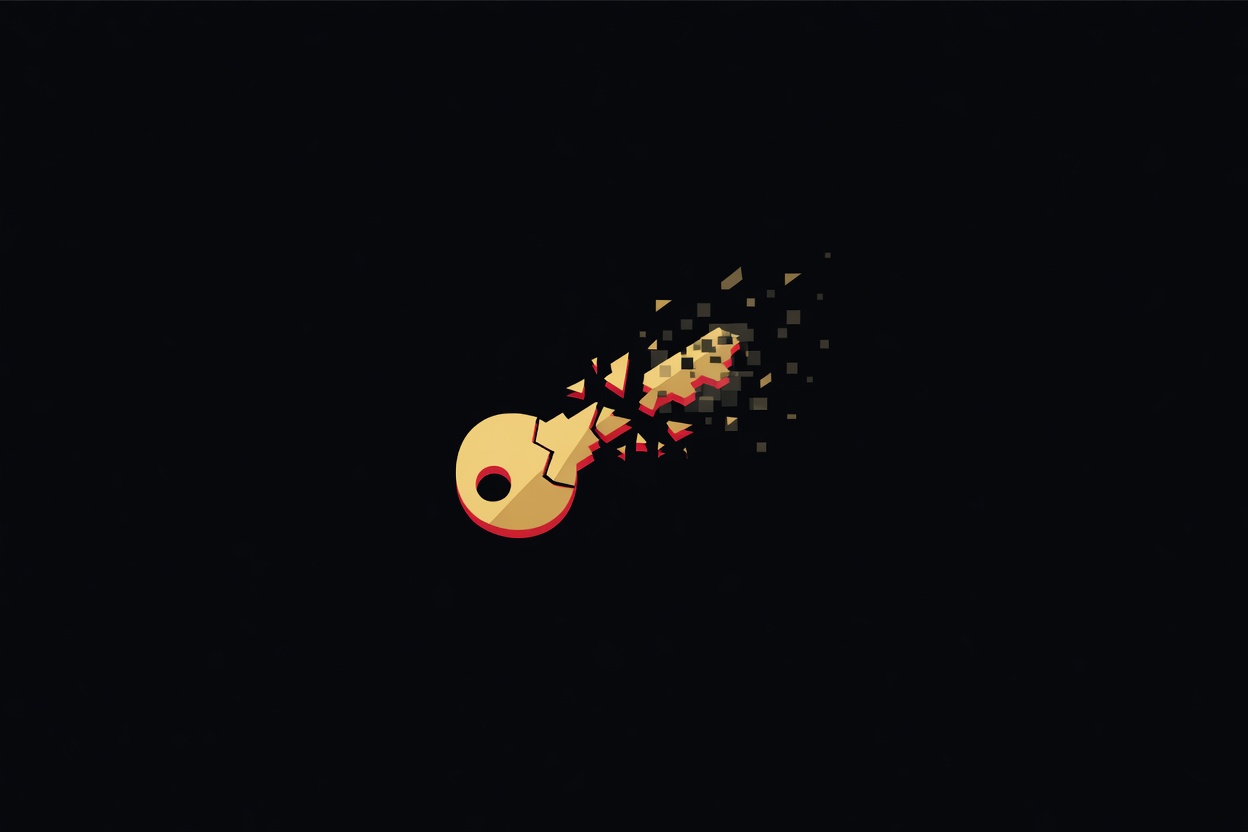 A shattered digital key dissolving into abstract pixel fragments against a dark void, symbolizing data that cannot be recovered once encrypted and discarded