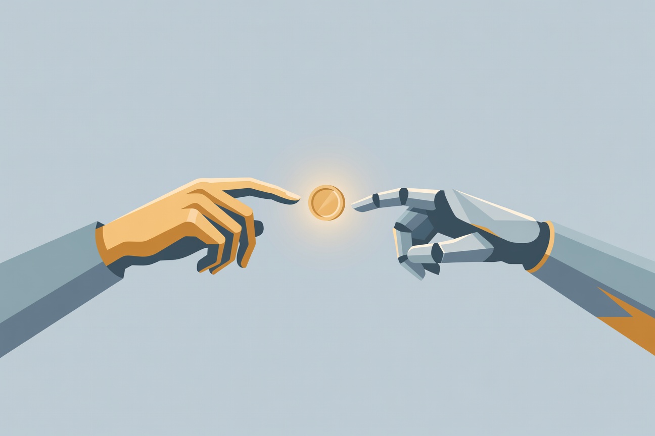 A human hand and a robotic arm reaching toward a glowing token coin floating between them — representing the human-AI compensation concept