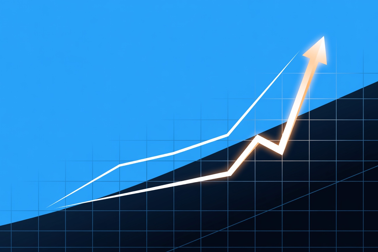 Abstract upward trajectory line on a dark grid, one short steep curve overtaking a long gradual one, glowing amber