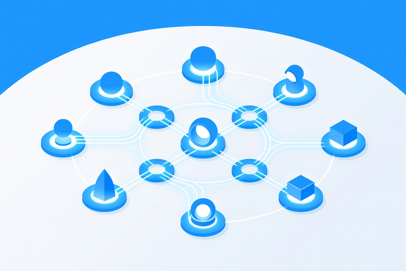Multiple glowing robotic arms working in parallel on floating code panels, connected to a central control hub above