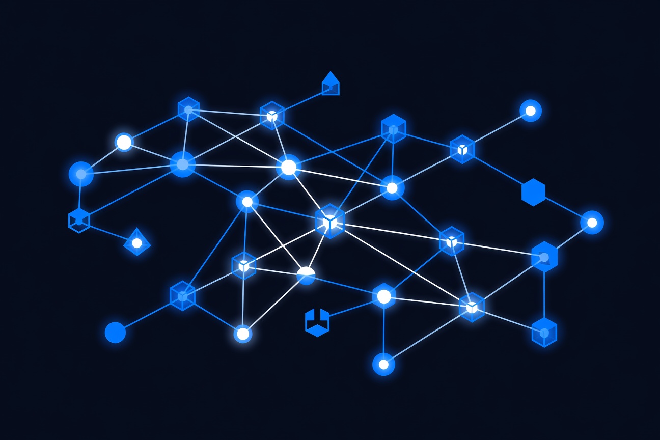Abstract interconnected geometric shapes representing a hub of developer tools flowing into a central control plane