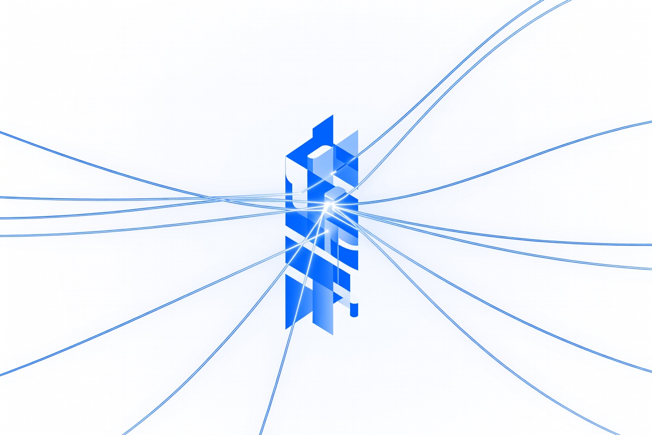 An abstract control tower with multiple glowing AI agent threads converging toward it — representing JetBrains Central as the orchestration layer above individual coding agents