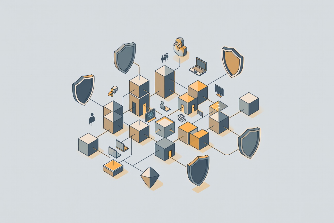 Abstract fortress with floating geometric shields and interconnected nodes representing secure software supply chain