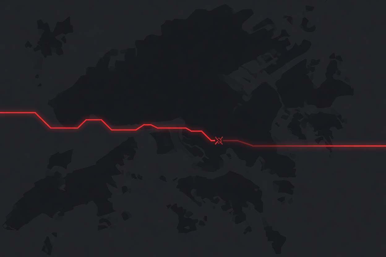 Abstract visualization of a digital signal being blocked at a geographic boundary — a glowing connection line stopped by an invisible wall between two zones