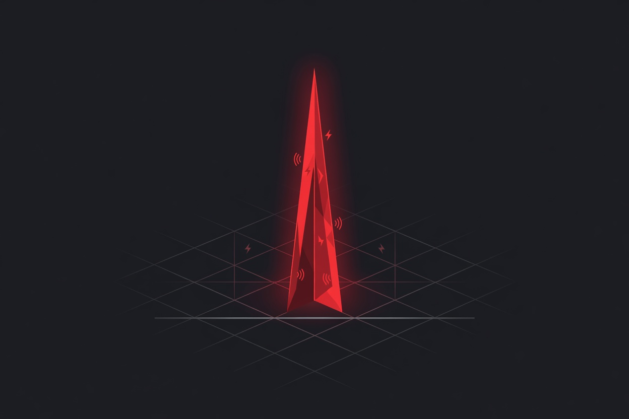 Abstract visualization of a glowing energy meter with a massive spike dwarfing a small chatbot icon, set against a dark data center grid backdrop
