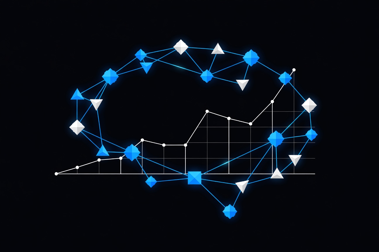 An abstract loop of glowing neural network nodes cycling through experiments autonomously overnight, with a progress graph climbing upward in the dark