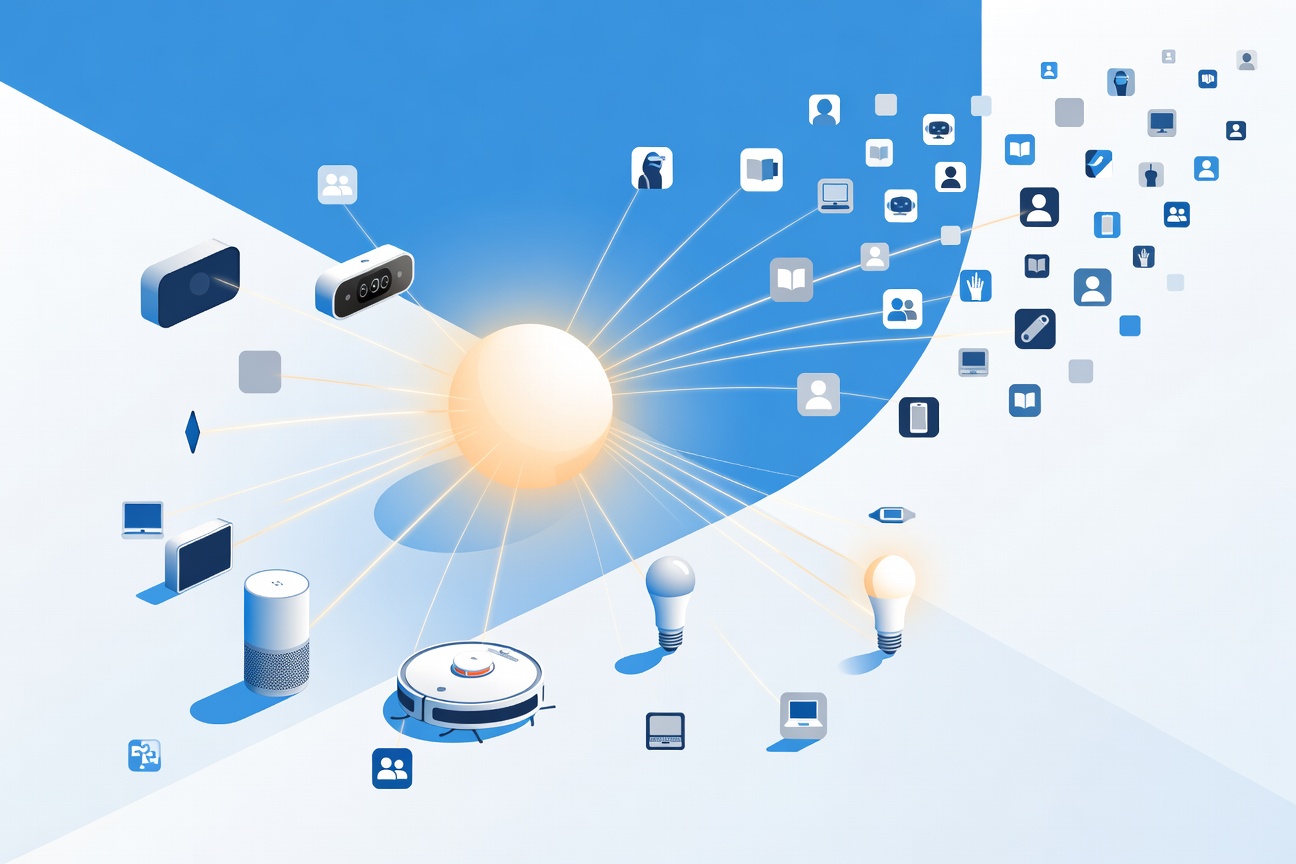 A single glowing orb connected by light threads to multiple smart home devices, replacing scattered app icons, warm amber tones