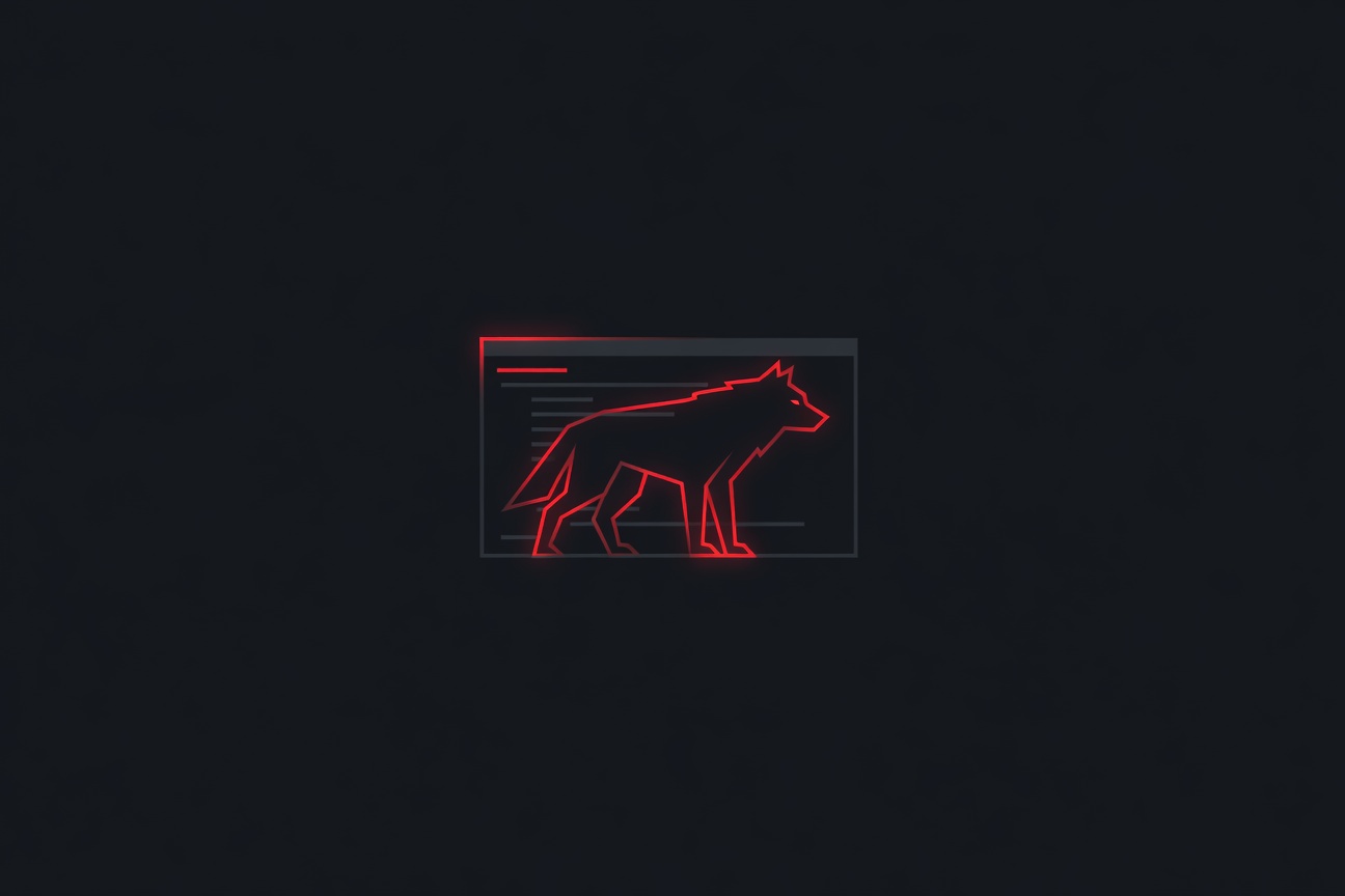 A wolf in sheep's clothing rendered as a glowing digital wolf silhouette wrapped in a false terminal window, dark and ominous