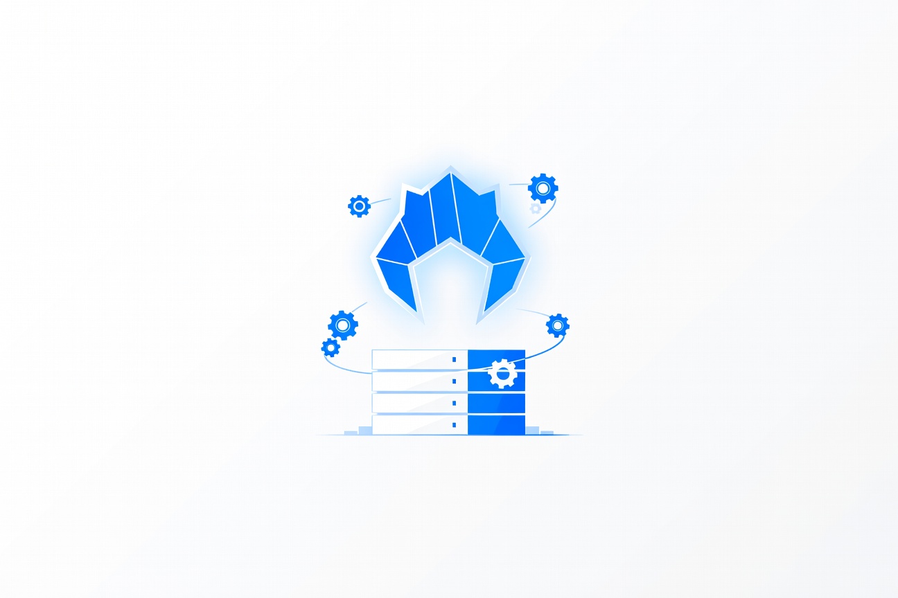 A glowing claw icon floating above a cloud server rack, surrounded by orbiting gear icons representing managed infrastructure