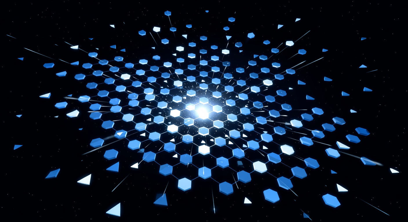 A vast neural network of glowing nodes arranged in a honeycomb swarm pattern, radiating outward into deep space