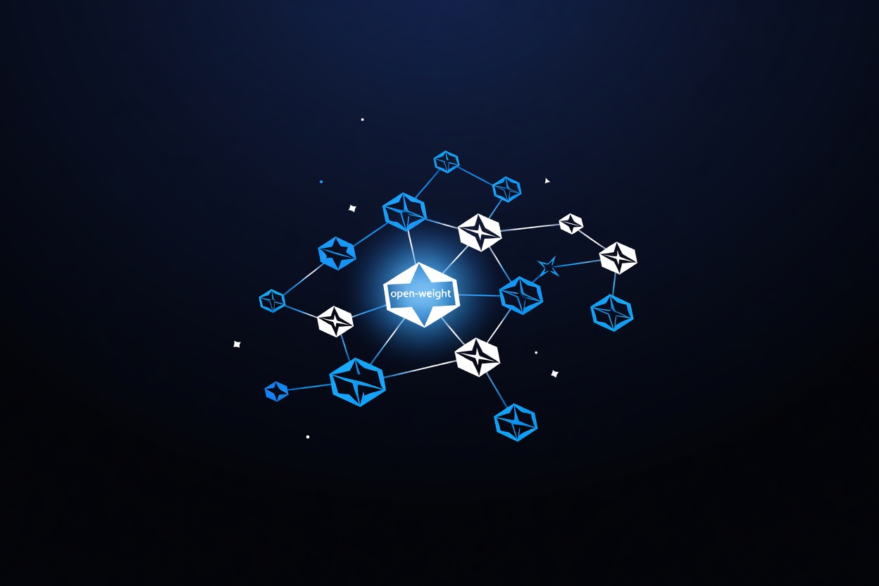 Abstract digital illustration of an open-weight model being selected from a cosmic model picker, glowing nodes representing choice and flexibility