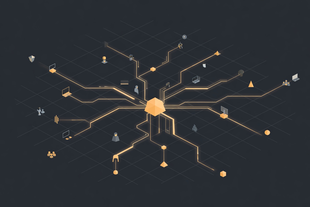 Multiple glowing data streams branching from a central node toward different destinations on a dark network grid
