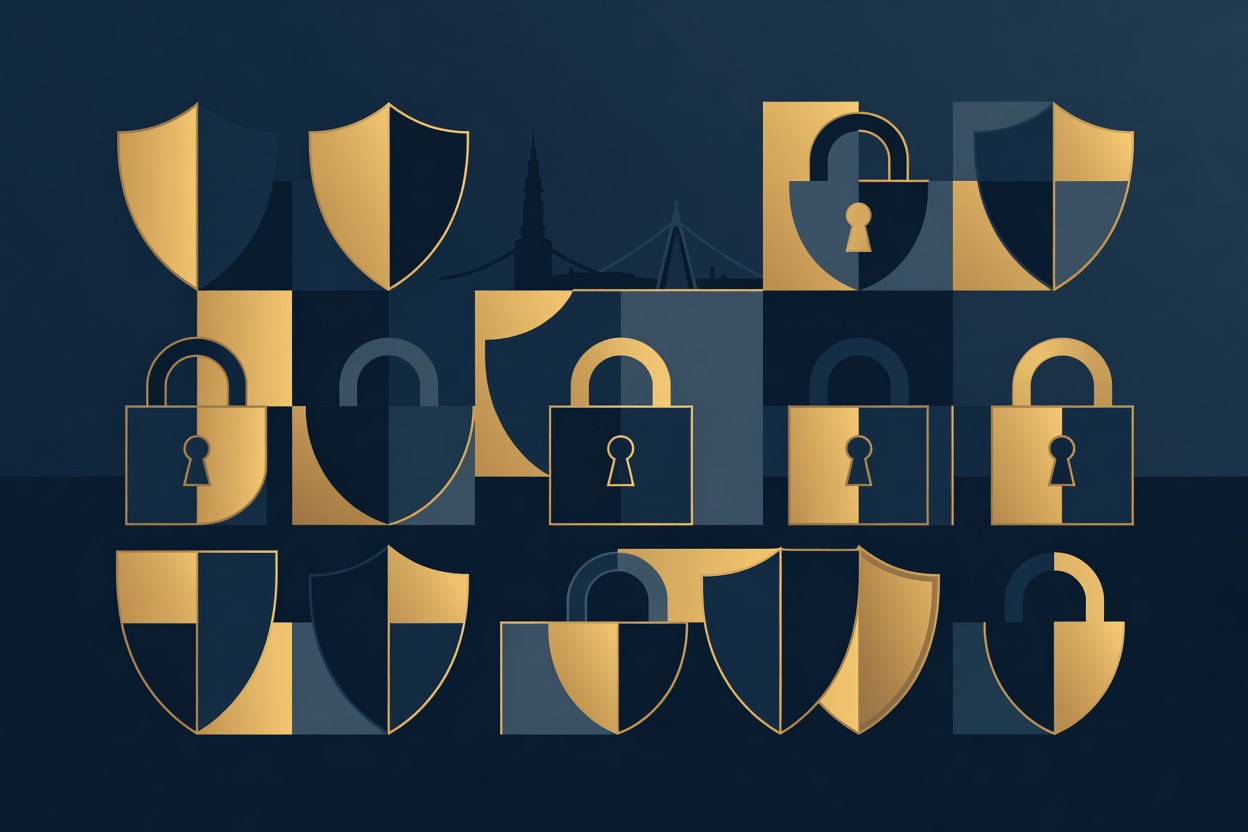 Abstract geometric shapes of interlocking shields and nodes over a UK city skyline silhouette in dark blue and gold