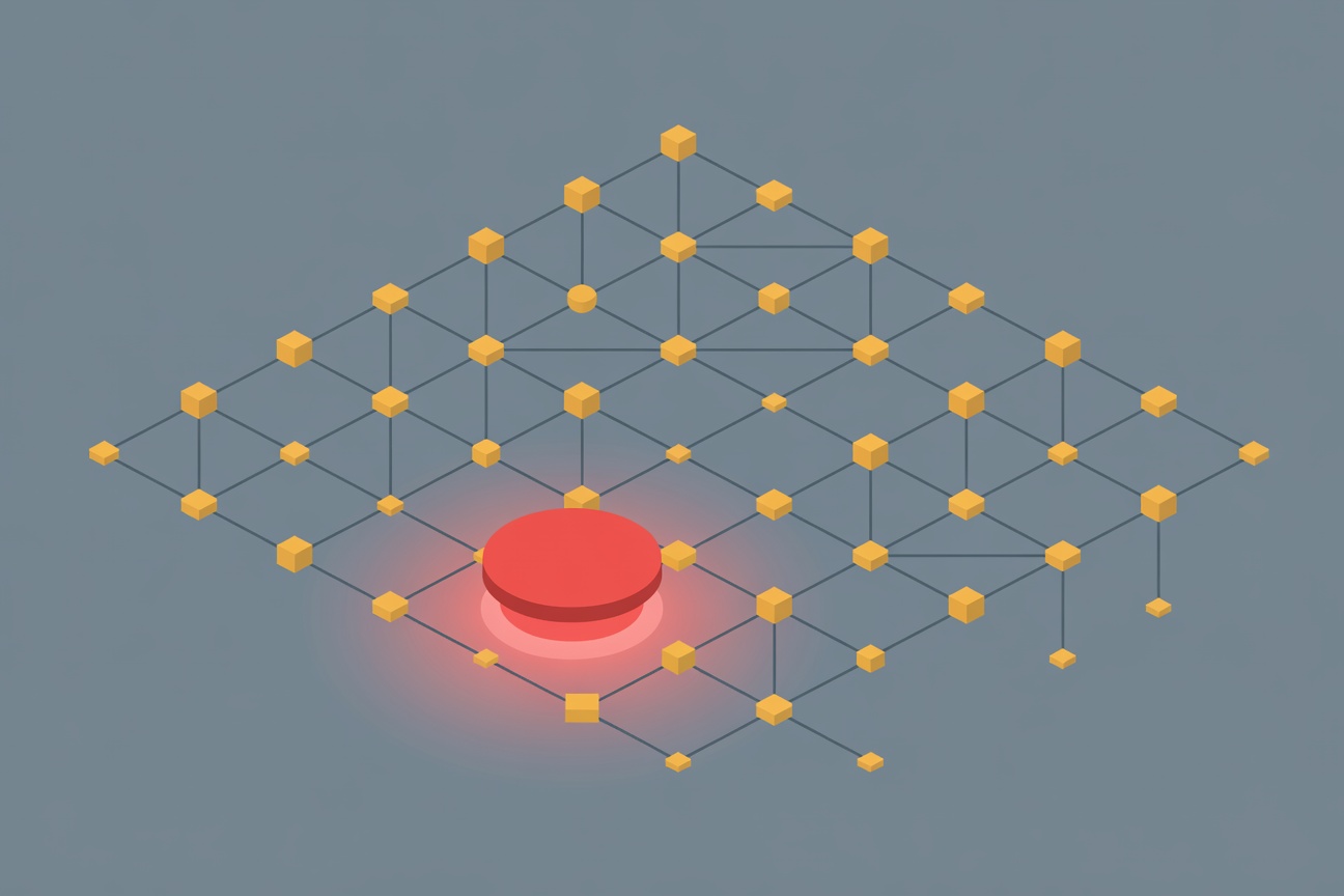 A large red emergency stop button casting a glow over a grid of interconnected agent nodes, symbolizing enterprise AI governance and oversight