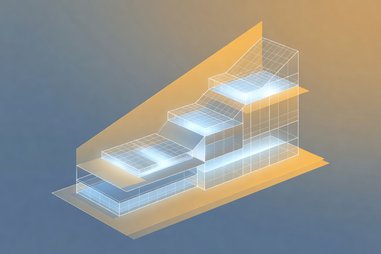 Layered architectural blueprint structure glowing with digital light, representing phased AI infrastructure maturity