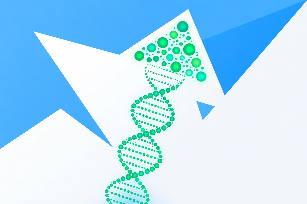 Abstract upward-spiraling helix of glowing data points in green and teal, representing iterative self-improvement through feedback loops