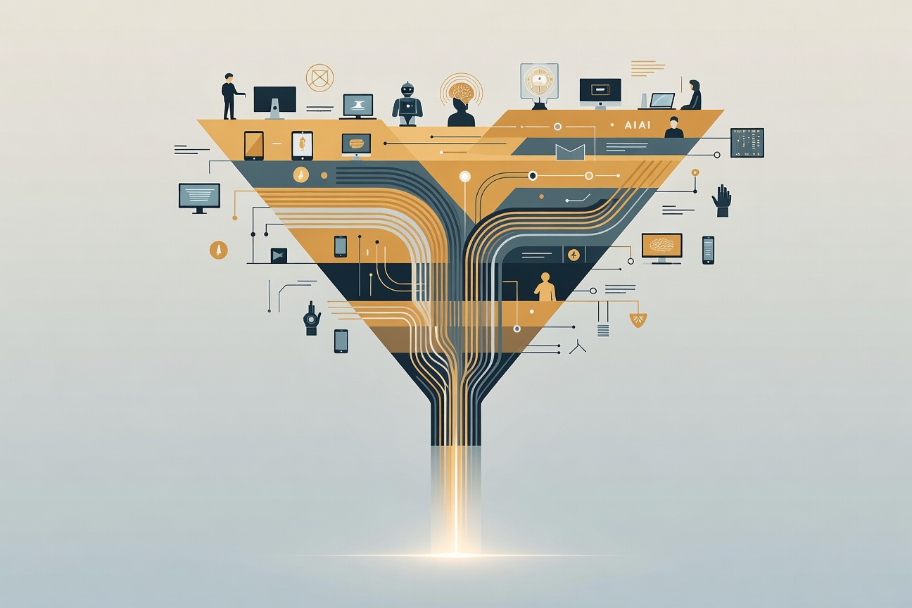 An abstract funnel shape with layered information flowing down into a focused beam of light