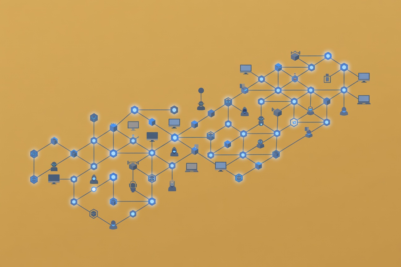 An interconnected web of glowing blue nodes and branches forming a software engineering flowchart, abstract and geometric