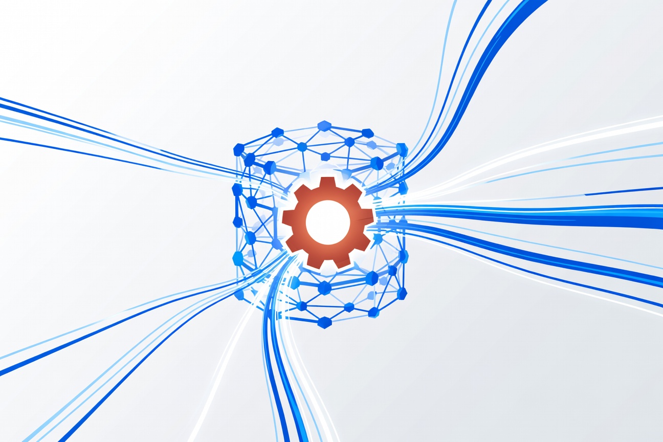 A glowing Rust-colored gear meshing with streams of data flowing through an abstract database lattice