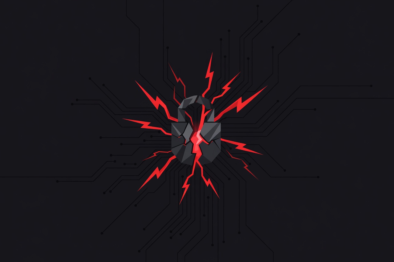 Red abstract lightning bolt fracturing a dark digital flow diagram, representing an exploit breaking through a pipeline