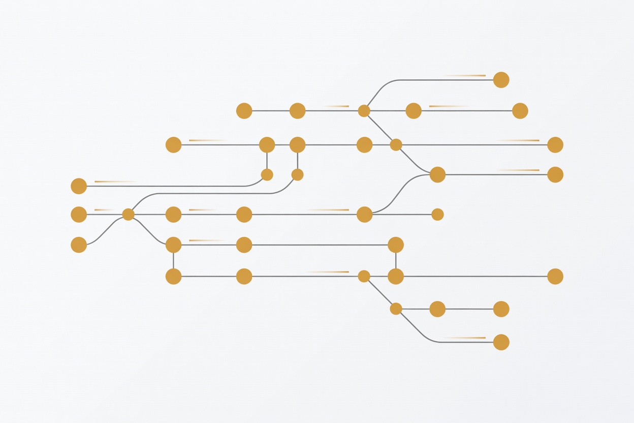Abstract graph network visualization with branching nodes connected by streaming data lines on dark background