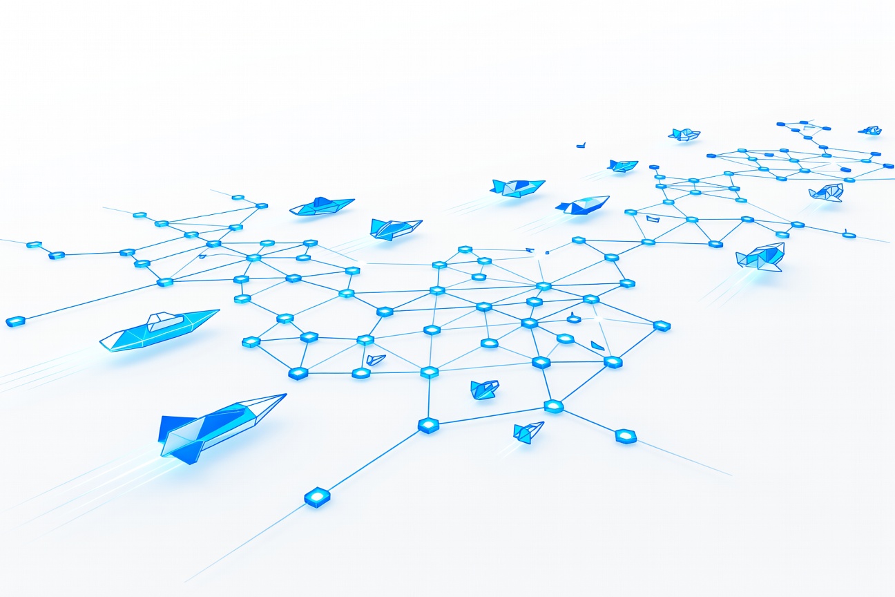 A fleet of small geometric ships navigating a network of glowing nodes — representing coordinated AI agents moving through an enterprise workflow