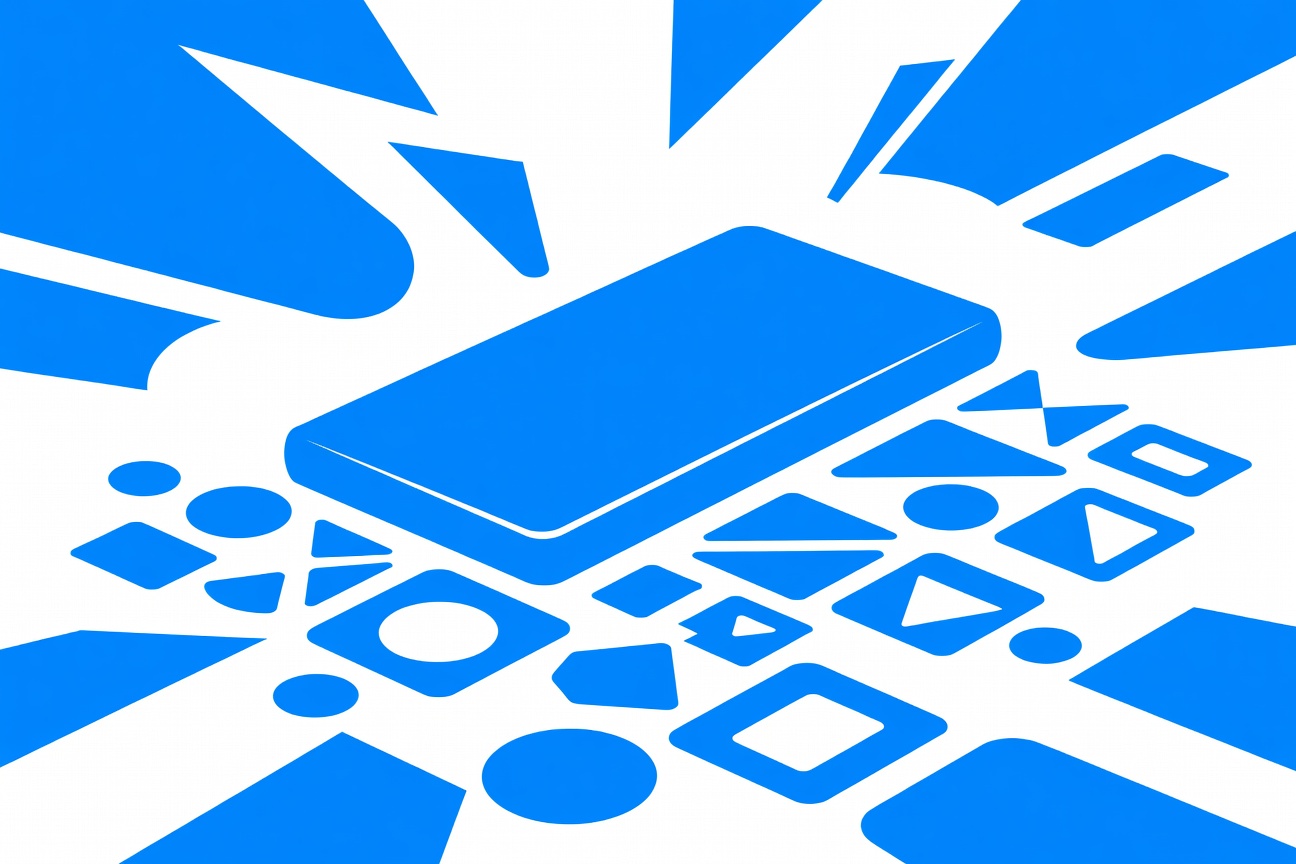 A large, sleek app interface rising from scattered fragments of separate tool icons, unifying them into one cohesive surface