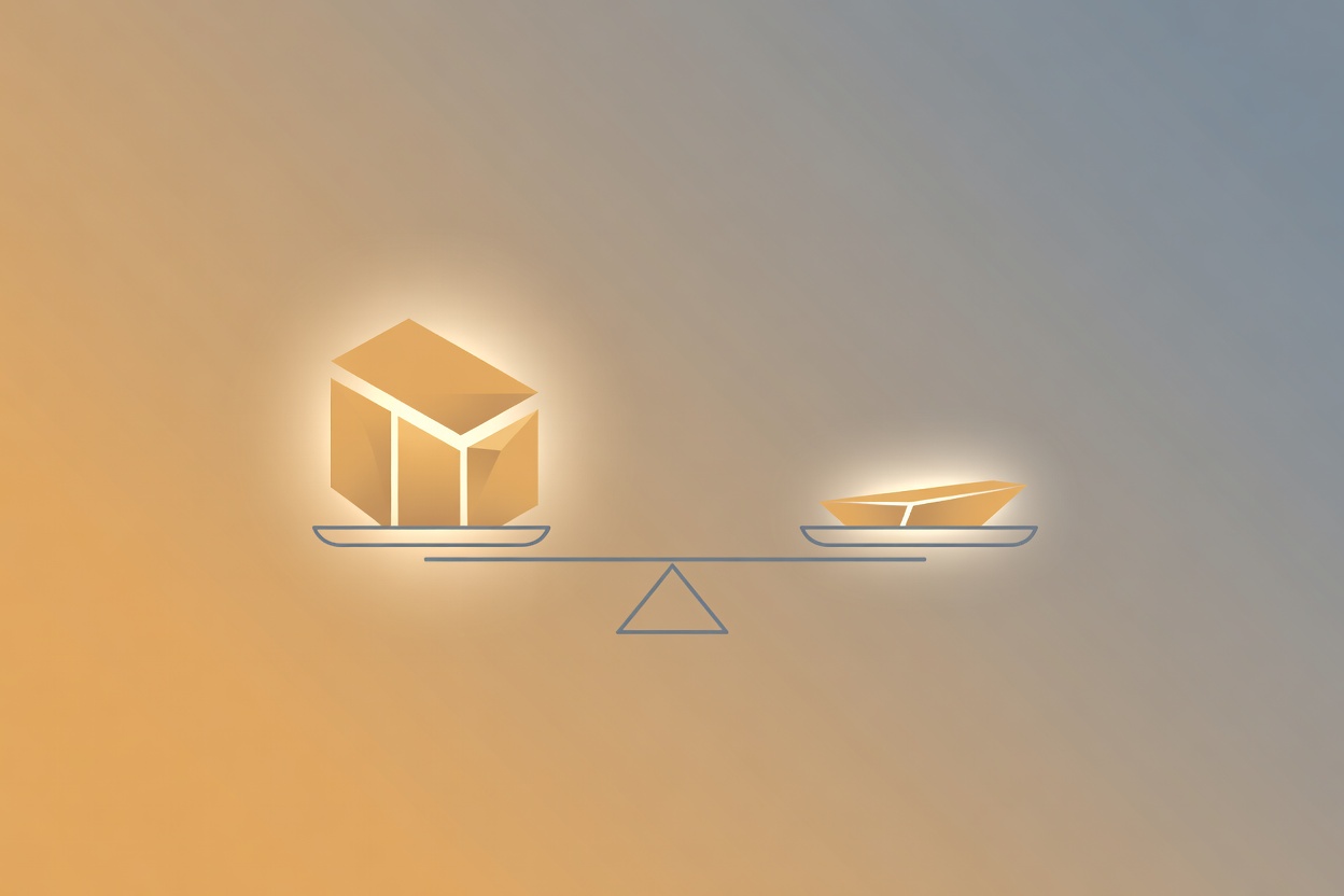 Two abstract geometric forms on a scale, one labeled with a small coin, the other with a large glowing orb, representing cost vs. performance tradeoff