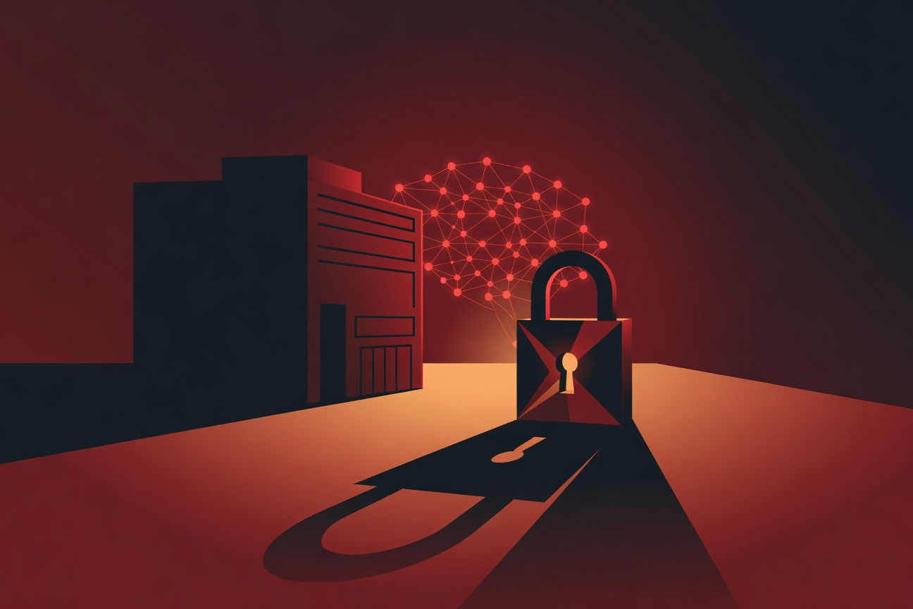 A large glowing padlock blocking a pathway toward an AI neural network, with warning lights reflecting off corporate office walls