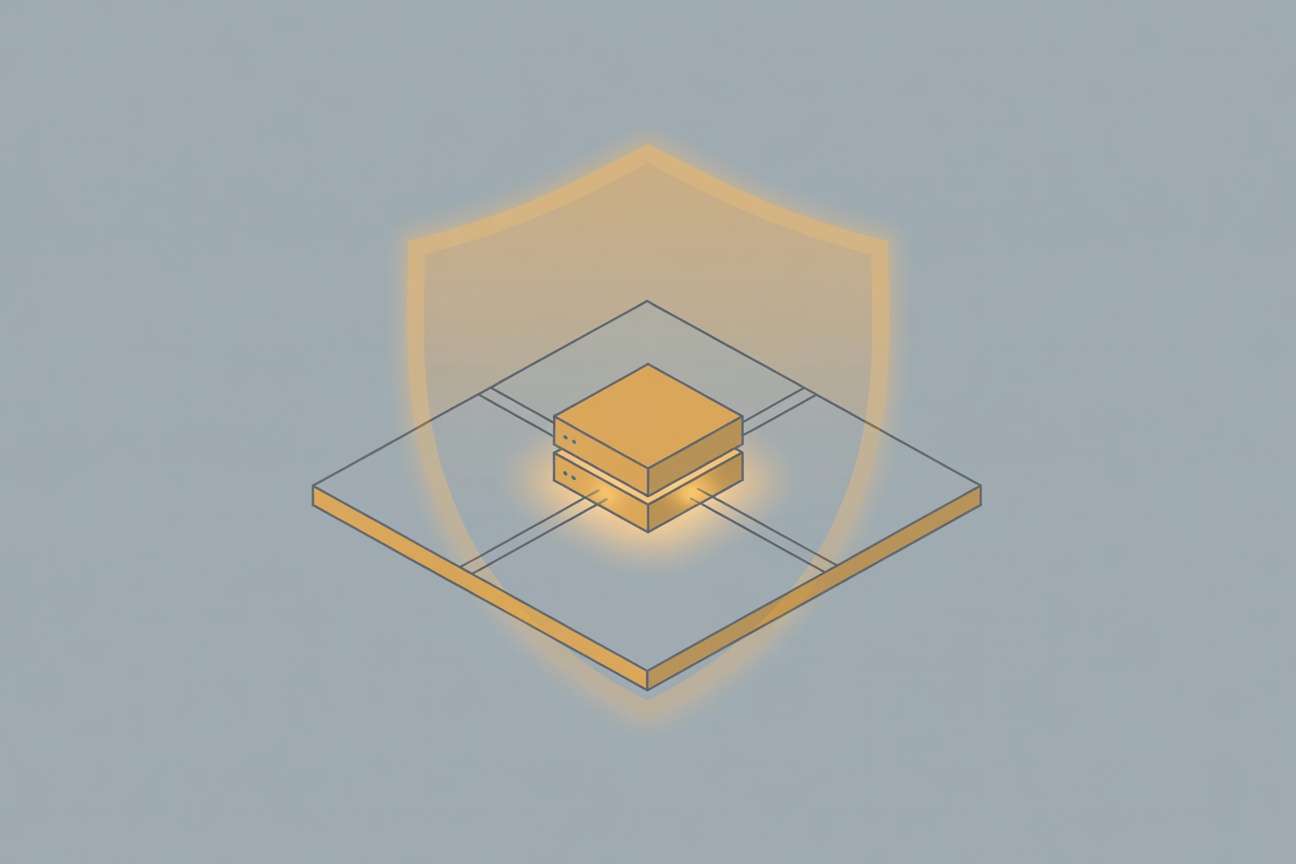 A compact glowing server box on a wooden desk with network connection lines flowing inward rather than outward, symbolizing local processing