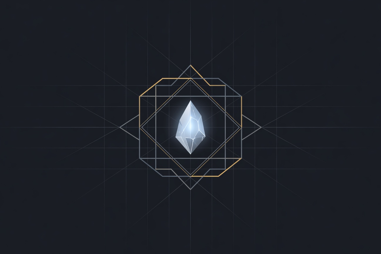 A single crystalline data shard stabilizing inside a geometric lattice, glowing blue against a dark digital void