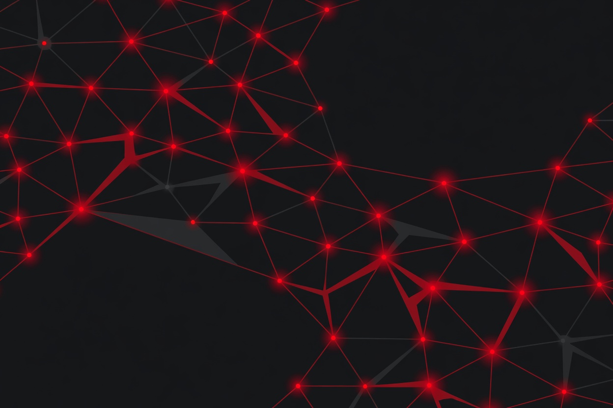 Abstract dark red digital web spreading across a grid, with glowing nodes representing compromised systems
