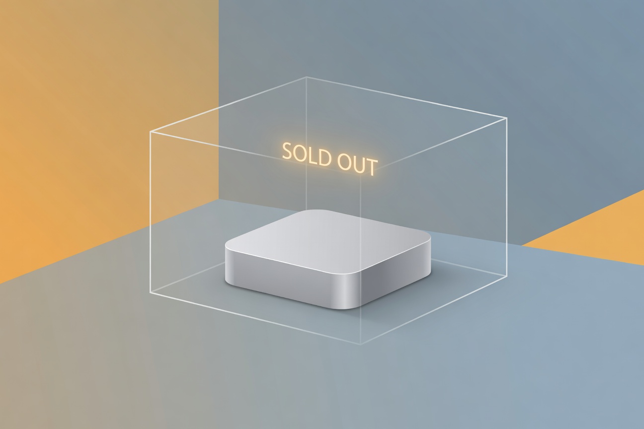 A sleek silver Mac mini sits inside a transparent display case labeled 'sold out,' surrounded by floating AI agent icons